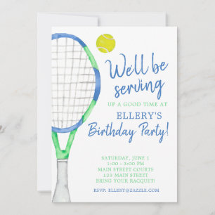 Aquarel Blauw & Groen Tennis Feest Uitnodigingen