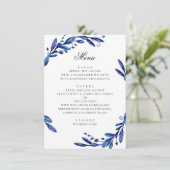 Aquarel blauw marine bloemige winterhuwelijk menu (Staand voorkant)