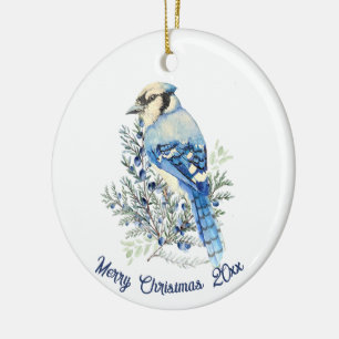 Aquarel Blauwe Gaai Vogel Blauwe Bessen Landelijke Keramisch Ornament