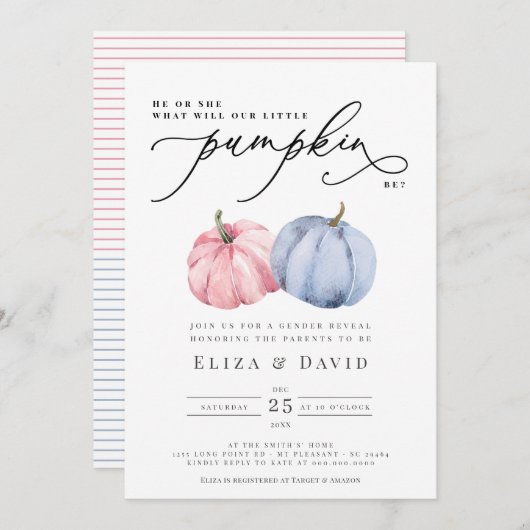 Aquarel Blauwe Roze Pompoen Herfst Geslacht Reveal Kaart (Voorkant / Achterkant)