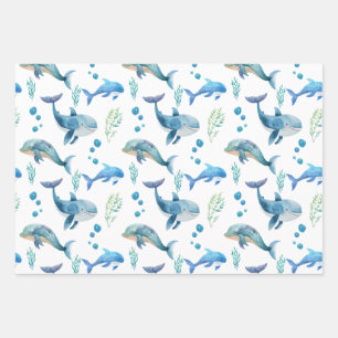 Aquarel blauwe walvis naadloos patroon inpakpapier vel