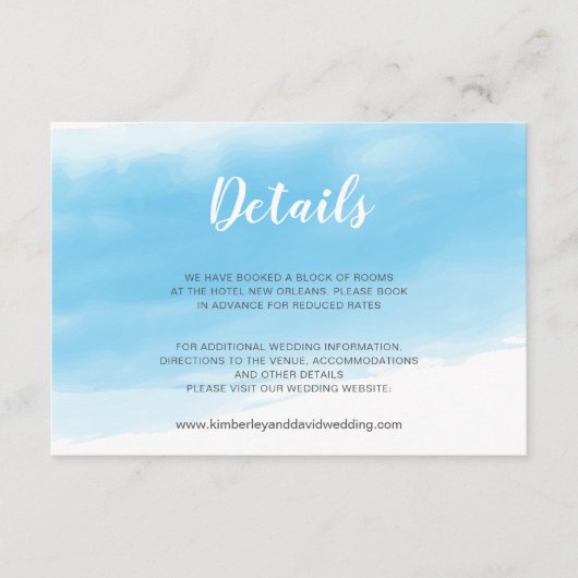 Aquarel Blauwe Zeekleur Bruiloft Detail Informatiekaartje (Voorkant)