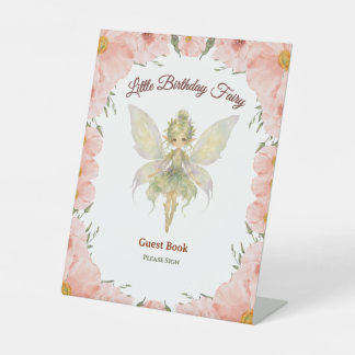 Aquarel Bloem Kleine Fee Verjaardag Gastboek Reclamebord Met Voetstuk