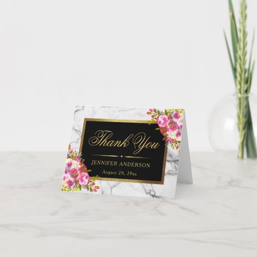 Aquarel Bloem Motief Gouden Lijst Marmer Bedankkaa Bedankkaart (Voorkant)