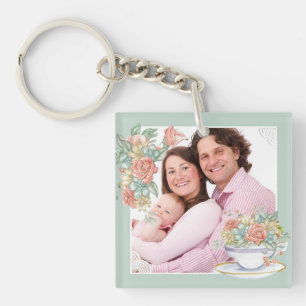 Aquarel Bloem Theekopje Custom Foto Sleutelhanger
