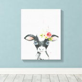 Aquarel Bloem Zwart-Wit Koe Kunst Canvas Afdruk (Insitu (Houten vloer))