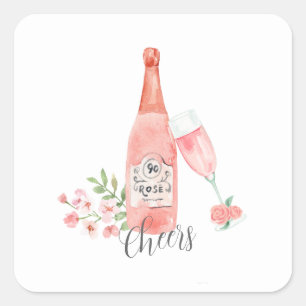 Aquarel Bloemen en Rosé Wijn ontwerp. Vierkante Sticker
