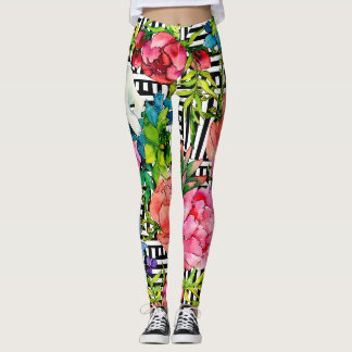 Aquarel Bloemen Geometrisch Zwart Wit Patroon Leggings