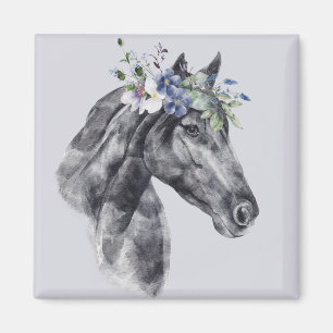Aquarel Bloemen Kroon Zwart Paard Portret  Magneet