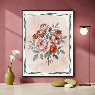 Aquarel Bloemen Kunst in Blush en Roest Rozen Vint Poster