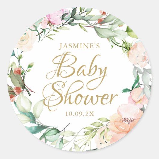 Aquarel Bloemen Roos Goud Script Baby shower Ronde Sticker (Voorkant)