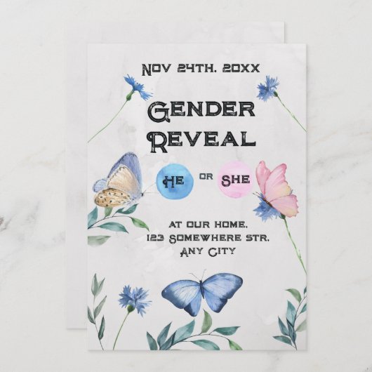 Aquarel Bloemen Vlinder Uitnodiging (Voorkant / Achterkant)