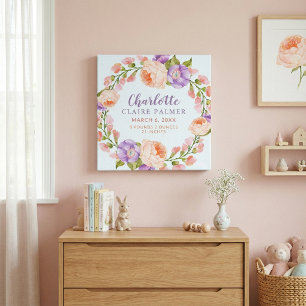 Aquarel Bloemige Gepersonaliseerde Baby Geboorte S Canvas Afdruk