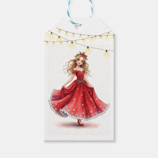 Aquarel blond meisje dat danst in een rode jurk cadeaulabel