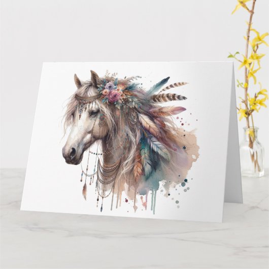 Aquarel Boho Horse Note Kaart (Gele Bloem)
