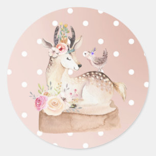 Aquarel Bosherten en Vogel Baby Shower Ronde Sticker