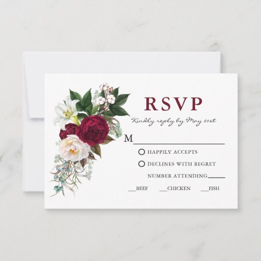 Aquarel Burgundy Bloemengroen Eet RSVP (Voorkant)