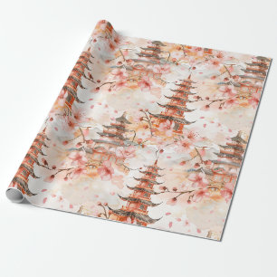 Aquarel Chinese Pagode met Kersenbloesem Cadeaupapier