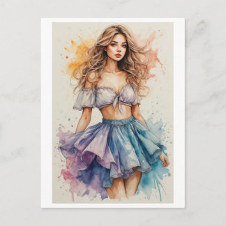 Aquarel en Kleurrijk Jonge Dame Ontwerp op een Feestdagenkaart