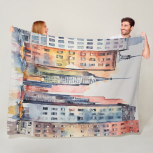 Aquarel Geschilderd Stedelijk Stadssilhouet Wolken Fleece Deken