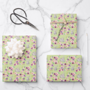 Aquarel Geschilderde Paashaas Konijnen Bloemen Inpakpapier Vel