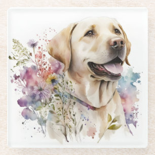 Aquarel Gouden Labrador Retriever en Bloemen Glazen Onderzetter