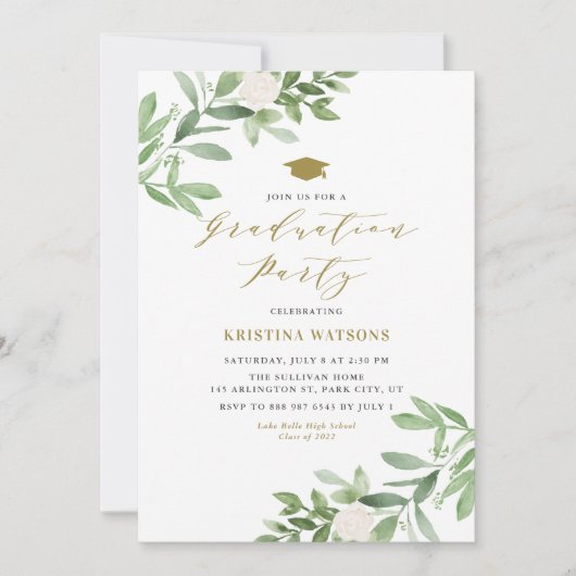 Aquarel Groen en Witte Bloemen Afstuderen Kaart (Voorkant)