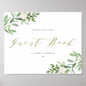 Aquarel Groene en Witte Bloemen Gastboek Poster (Voorkant)