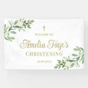 Aquarel Groene planten en Witte Bloemen Doopfeest Spandoek