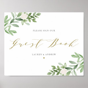 Aquarel Groene planten en Witte Bloemen Gastboek Poster