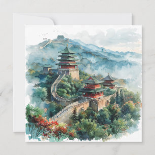 Aquarel Grote Muur China Azië Reizen Feestdagenkaart