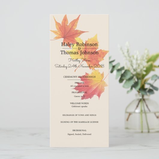 Aquarel herfst bladeren ceremonie programma (Staand voorkant)