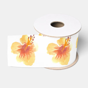 Aquarel Hibiscus Geel Oranje Tropisch Bloemmotief Grosgrain Lint
