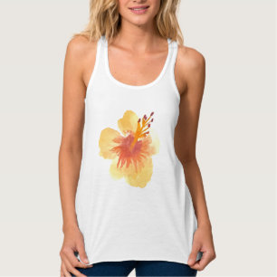 Aquarel Hibiscus Geel Oranje Tropisch Bloemmotief Tanktop