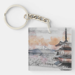 Aquarel Japanse Pagode & Mt. Fuji Reis Sleutelhanger