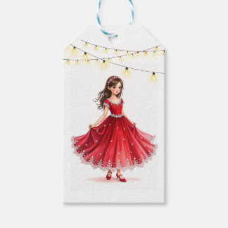 Aquarel jonge brunette die danst onder de lichten cadeaulabel