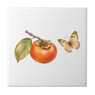 Aquarel kaki fruit en vlinder tegeltje