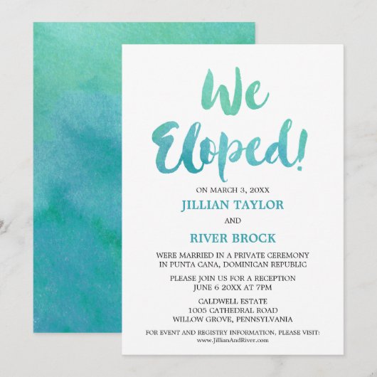 Aquarel kalligrafie strand elopement receptie kaart (Voorkant / Achterkant)