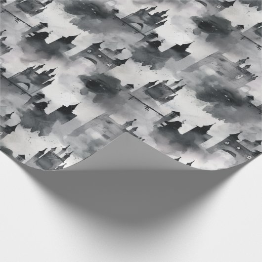 Aquarel kastelen inpakpapier - zwart & wit (Hoek)