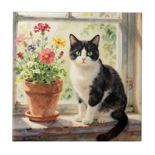 Aquarel Kat en Bloemen op Vensterbank Tegeltje
