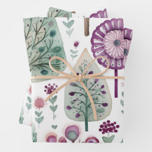 aquarel kerstboom roze groen inpakpapier vel