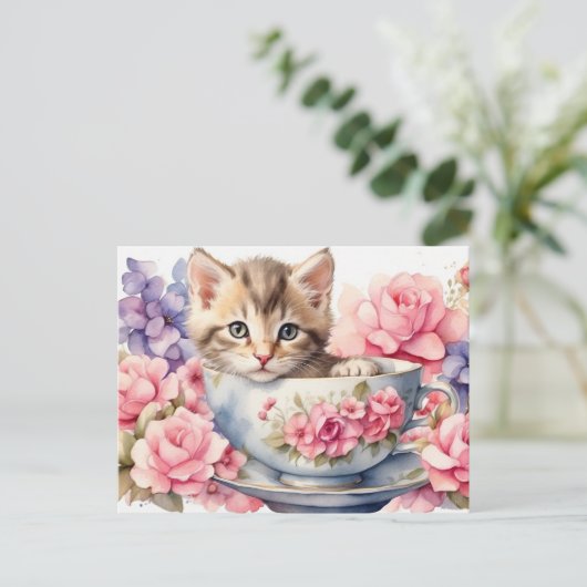 Aquarel Kitten in Theekop met Bloemen Briefkaart (Staand voorkant)