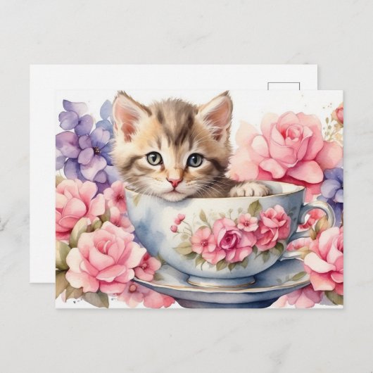 Aquarel Kitten in Theekop met Bloemen Briefkaart (Voorkant / Achterkant)