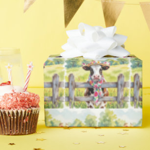 Aquarel Koe met een Bloemendruk Hoed Cadeaupapier