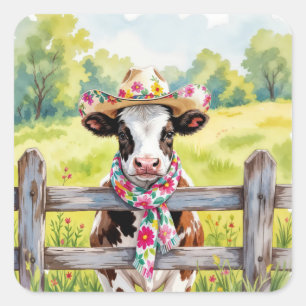 Aquarel Koe met Zomerhoed Vierkante Sticker