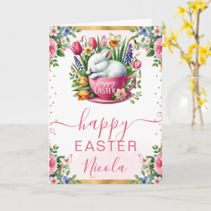 Aquarel Konijn Lente Bloemen Gelukkig Pasen Kaart