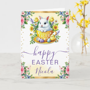 Aquarel Konijn Lente Bloemen Gelukkig Pasen Kaart