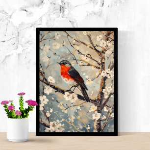Aquarel Kunst Geschilderde Vogel in Boom Witte Blo Poster