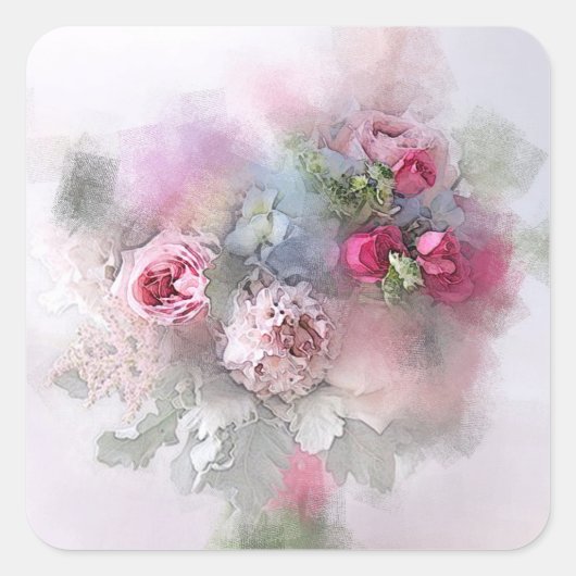 Aquarel Kunst Roze Rode Rozen Lege Sjabloon Vierkante Sticker (Voorkant)