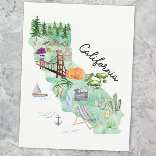 Aquarel Kunstkaart van de Staat Californië Briefkaart